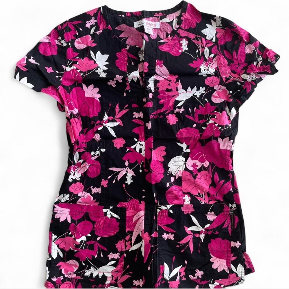 Pink and Black Floral Women's Scrub Top